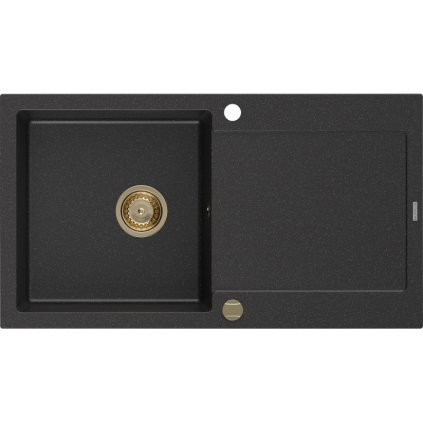 Mexen Leo, dřez granitový 900x500x190 mm, 1-komorový, černá-stříbrná metalíza se zlatým sifonem, 6501901010-73-G