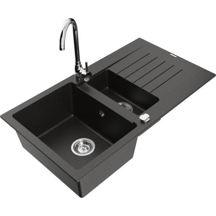 Mexen Matias, granitový dřez 900x505x200 mm, 1,5-komorový a chromová baterie Telma, černá-zlatá metalíza, 6502-75-670200-00