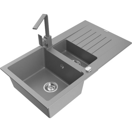 Mexen Matias, granitový dřez 900x505x200 mm, 1,5-komorový a šedá baterie Rita, šedá, 6502-71-670300-71