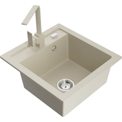 Mexen Vito, 1-komorový granitový dřez 520x490x210 mm, béžová baterie Rita, béžová, 6503-69-670300-69