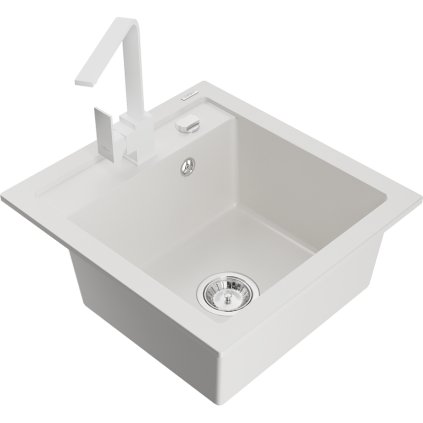 Mexen Vito, 1-komorový granitový dřez 520x490x210 mm, bílá baterie Rita, bílá, 6503-20-670300-20