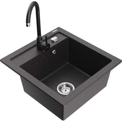 Mexen Vito, 1-komorový granitový dřez 520x490x210 mm, černá matná baterie Telma, černá skvrnitá, 6503-76-670200-70