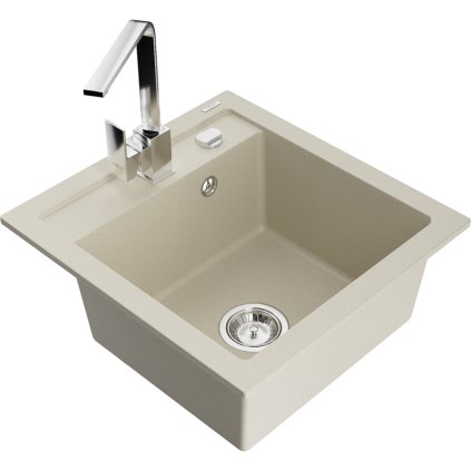 Mexen Vito, 1-komorový granitový dřez 520x490x210 mm, chromová baterie Rita, béžová, 6503-69-670300-00