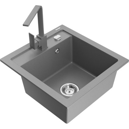 Mexen Vito, 1-komorový granitový dřez 520x490x210 mm, šedá baterie Rita, šedá, 6503-71-670300-71