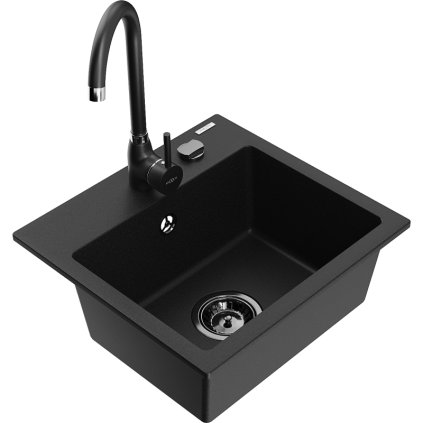 Mexen Milo, 1-komorový granitový dřez 435x410x171 mm a černá baterie Telma, černá, 6505-77-670200-70-B