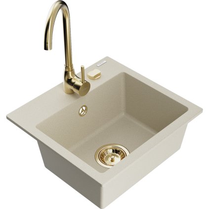 Mexen Milo, 1-komorový granitový dřez 435x410x171 mm a zlatá baterie Telma, béžová, 6505-69-670200-50