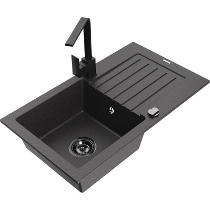 Mexen Pablo, granitový dřez 752x436x161 mm, 1-komorový a černá baterie Rita, černá skvrnitá, 6510-76-670300-70-B