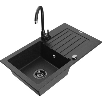 Mexen Pablo, granitový dřez 752x436x161 mm, 1-komorový a černá baterie Telma, černá-stříbrná metalíza, 6510-73-670200-70-B