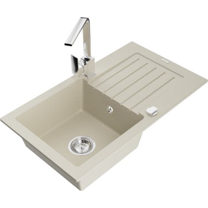 Mexen Pablo, granitový dřez 752x436x161 mm, 1-komorový a chromová baterie Rita, béžová, 6510-69-670300-00