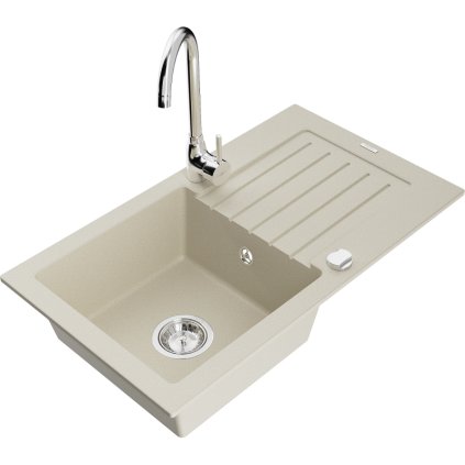 Mexen Pablo, granitový dřez 752x436x161 mm, 1-komorový a chromová baterie Telma, béžová, 6510-69-670200-00