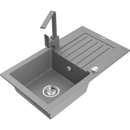 Mexen Pablo, granitový dřez 752x436x161 mm, 1-komorový a šedá baterie Rita, šedá, 6510-71-670300-71