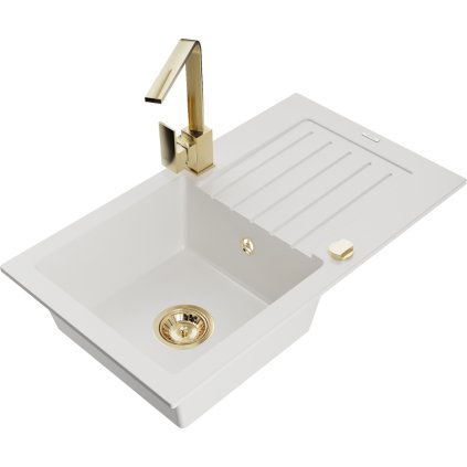 Mexen Pablo, granitový dřez 752x436x161 mm, 1-komorový a zlatá baterie Rita, bílá, 6510-20-670300-50