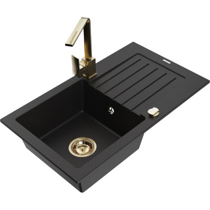 Mexen Pablo, granitový dřez 752x436x161 mm, 1-komorový a zlatá baterie Rita, černá, 6510-77-670300-50