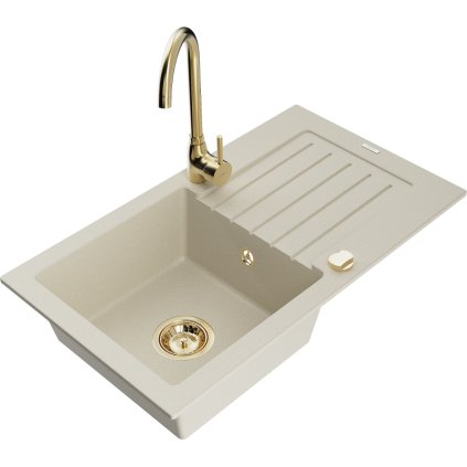 Mexen Pablo, granitový dřez 752x436x161 mm, 1-komorový a zlatá baterie Telma, béžová, 6510-69-670200-50