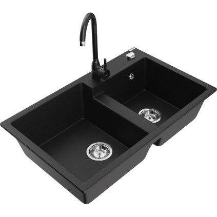Mexen Tomas, granitový dřez 800x500x190 mm, 2-komorový a černá baterie Telma, černá, 6516-77-670200-70