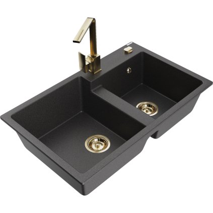 234060 mexen tomas granitovy drez 800x500x190 mm 2 komorovy a zlata bateria rita cierna skvrnita 6516 76 670300 50
