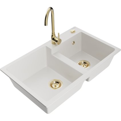 234738 mexen tomas granitovy drez 800x500x190 mm 2 komorovy a zlata bateria telma biela 6516 20 670200 50