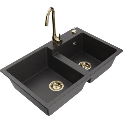 234801 mexen tomas granitovy drez 800x500x190 mm 2 komorovy a zlata bateria telma cierna skvrnita 6516 76 670200 50