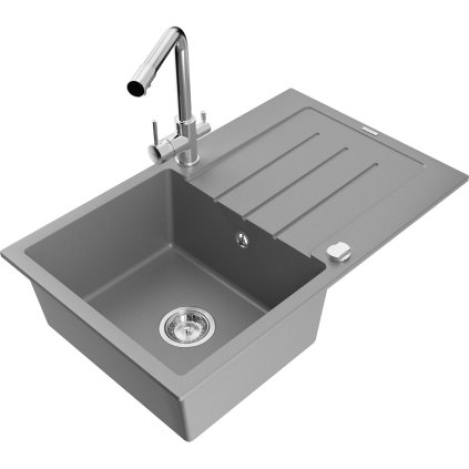Mexen Bruno, 1-komorový granitový dřez s odkapávačem 795x495x200 mm a chromová baterie Duero, šedá, 6513-71-671600-00