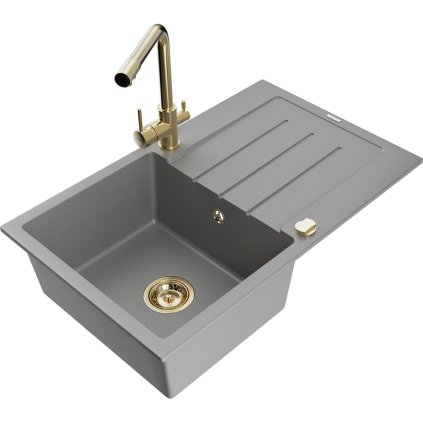 235083 mexen bruno 1 komorovy granitovy drez s odkvapkavacom 795x495x200 mm a zlata bateria duero seda 6513 71 671600 50