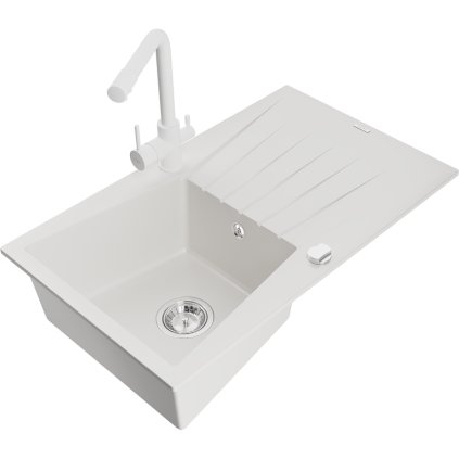 Mexen Cesar, granitový dřez 775x470x190 mm, 1-komorový a bílá baterie Duero, bílá, 6514-20-671600-20