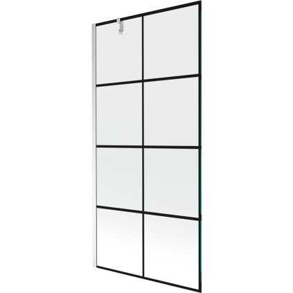 Mexen Next, vanová zástěna 1-křídlová 90 x 150 cm, fixní křídlo, 6 mm čiré sklo s černým vzorem, chromový profil, 895-090-000-00-77-01
