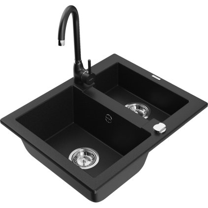 Mexen Carlos, granitový dřez 582x475x177 mm, 1,5-komorový a černá dřezová baterie Telma, černá, 6518-77-670200-70