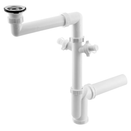Sapho, Dřezový sifon šetřící místo, 2x odbočka, nerez výpust se zátkou, 6/4", DN40, bílá