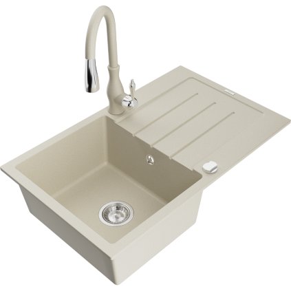 Mexen Bruno, 1-komorový granitový dřez 795x495x200 mm a dřezová baterie Savita, béžová, 6513-69-672601-69