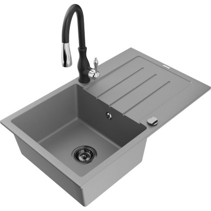 Mexen Bruno, 1-komorový granitový dřez 795x495x200 mm a dřezová baterie Savita, šedá, 6513-71-672601-70-B