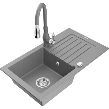 Mexen Pablo, granitový dřez 752x436x161 mm, 1-komorový a dřezová baterie Savita, šedá, 6510-71-672601-71