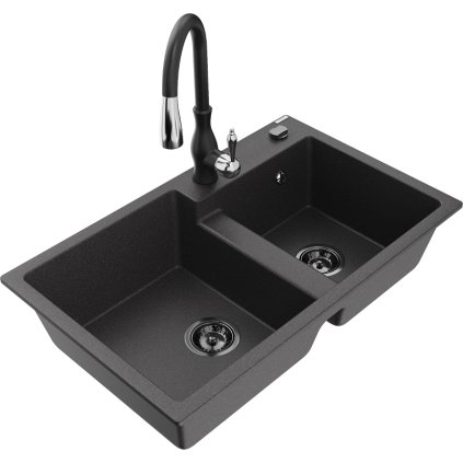 242955 mexen tomas granitovy drez 800x500x190 mm 2 komorovy a drezova bateria savita cierna skvrnita 6516 76 672601 70 b
