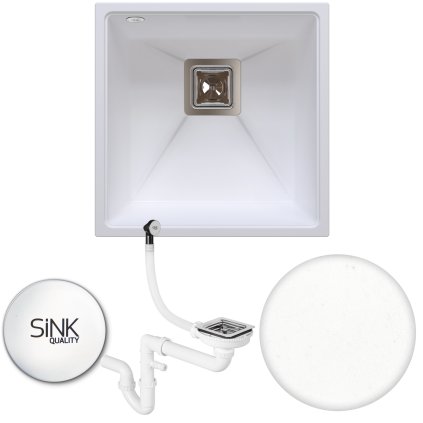 Sink Quality Argon 50, kuchyňský granitový dřez 420x420x225 mm + chromový sifon, bílá, SKQ-ARG.W.1KBO.50.X