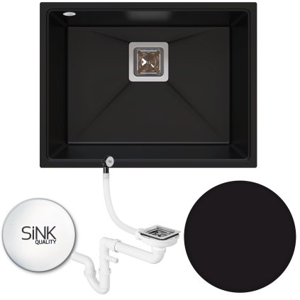 Sink Quality Argon 60, kuchyňský granitový dřez 550x420x225 mm + chromový sifon, černá, SKQ-ARG.C.1KBO.60.X