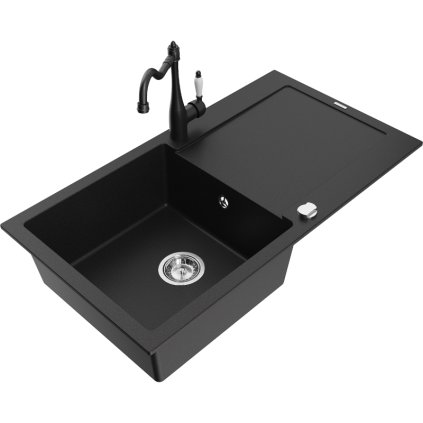 Mexen Leo, granitový dřez 900x500x190 mm, 1-komorový a dřezová baterie Carla, černá, 6501-77-670700-70