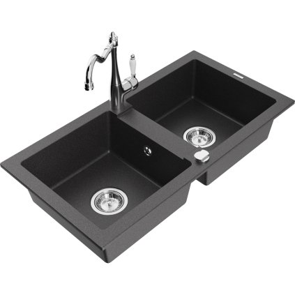 243954 mexen mario granitovy drez 820x436x161 mm 2 komorovy a drezova bateria carla cierna skvrnita 6504 76 670700 00