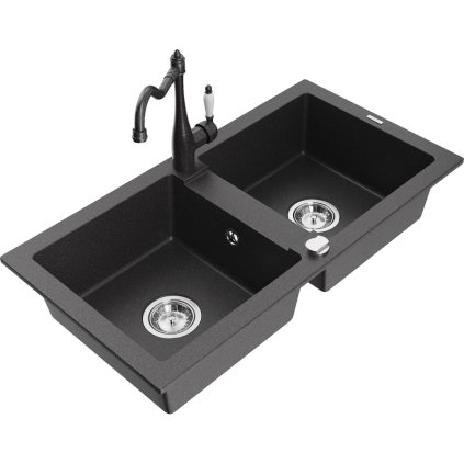 243966 mexen mario granitovy drez 820x436x161 mm 2 komorovy a drezova bateria carla cierna skvrnita 6504 76 670700 76
