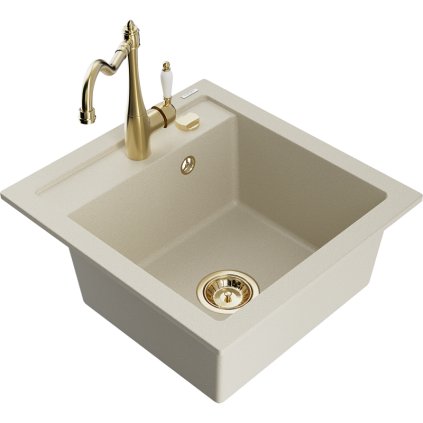 Mexen Vito, granitový dřez 490x520x210 mm, 1-komorový a dřezová baterie Carla, béžová, 6503-69-670700-50