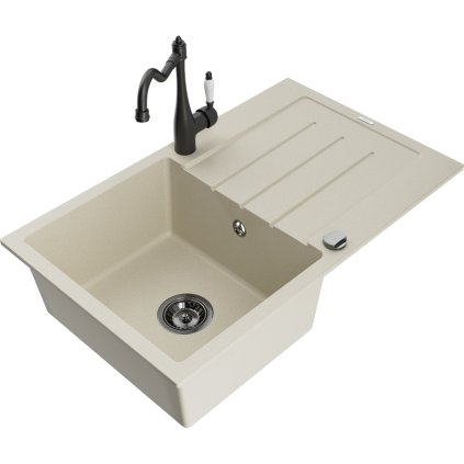 Mexen Bruno, granitový dřez 795x495x200 mm, 1-komorový a dřezová baterie Carla, béžová, 6513-69-670700-70