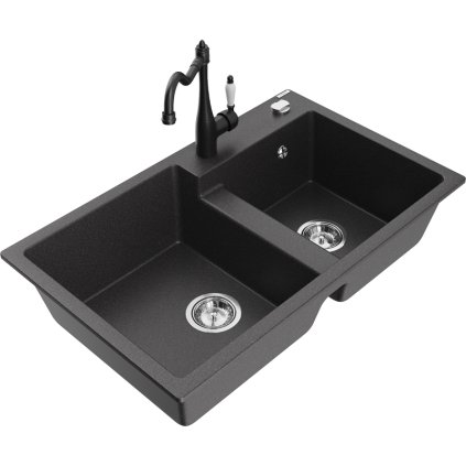 Mexen Tomas, granitový dřez 800x500x190 mm, 2-komorový a dřezová baterie Carla, černá skvrnitá, 6516-76-670700-70