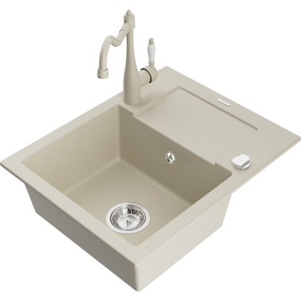 Mexen Enzo, granitový dřez 576x465x174 mm, 1-komorový a dřezová baterie Carla, béžová, 6506-69-670700-69