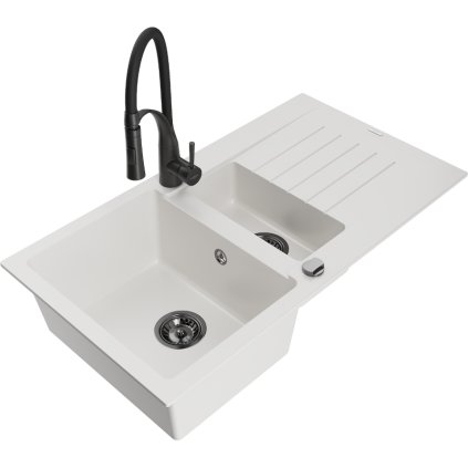 Mexen Matias, granitový dřez 900x505x200 mm, 1,5-komorový a dřezová baterie Aster, bílá, 6502-20-73450-70-B