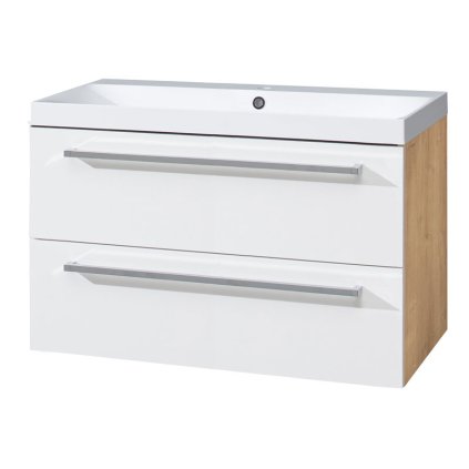 Mereo, Bino, koupelnová skříňka s umyvadlem z litého mramoru 101cm, bílá, dub, CN672M