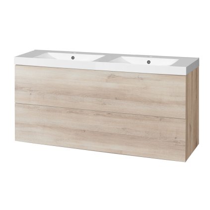 Mereo, Aira, koupelnová skříňka s umyvadlem z litého mramoru 121 cm, bílá, dub, šedá, CN723M