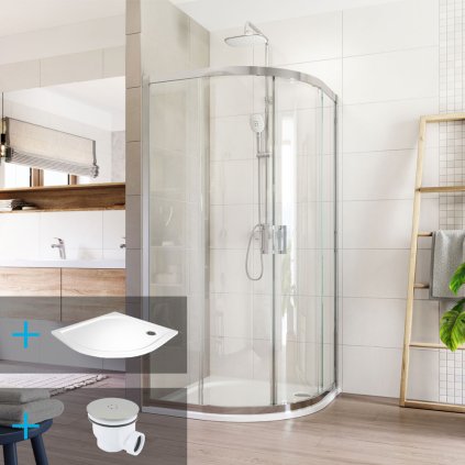 Mereo, Sprchový set:, LIMA, čtvrtkruh, 90x90x190 cm, R 550, chrom ALU, sklo čiré, vanička litý mramor, CK608B23KM