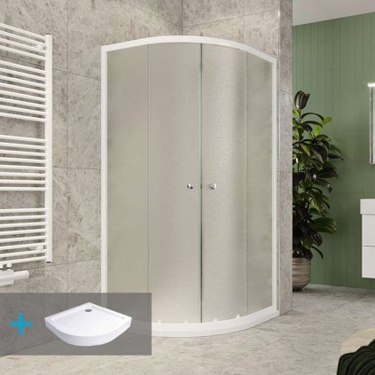 Mereo, Sprchový set z Kory Lite, čtvrtkruh, 90 cm, bílý ALU, sklo Grape a vysoké SMC vaničky, CK35121ZH