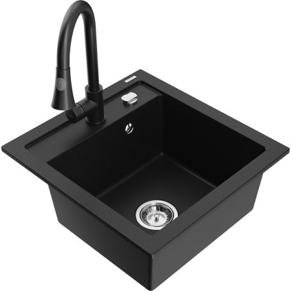 Mexen Vito, 1-komorový granitový dřez 490x520x210 mm a dřezová baterie Elia, černá, 6503-77-670101-70
