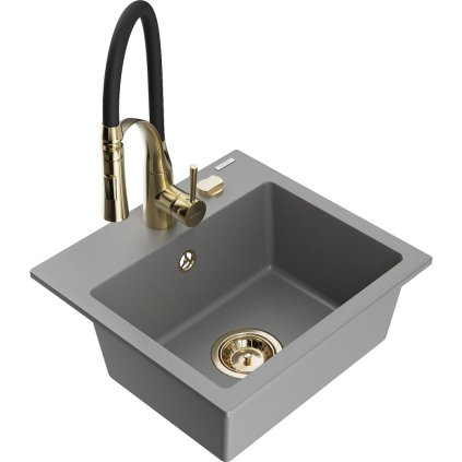 Mexen Milo, 1-komorový granitový dřez 435x410x171 mm a dřezová baterie Aster, šedá, 6505-71-73450-57-G