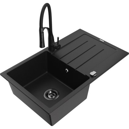 Mexen Bruno, 1-komorový granitový dřez 795x495x200 mm a dřezová baterie Aster, černá, 6513-77-73450-70-B