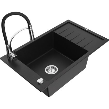 Mexen Elias, 1-komorový granitový dřez 795x480x200 mm a dřezová baterie Aster, černá, 6511-77-73450-07